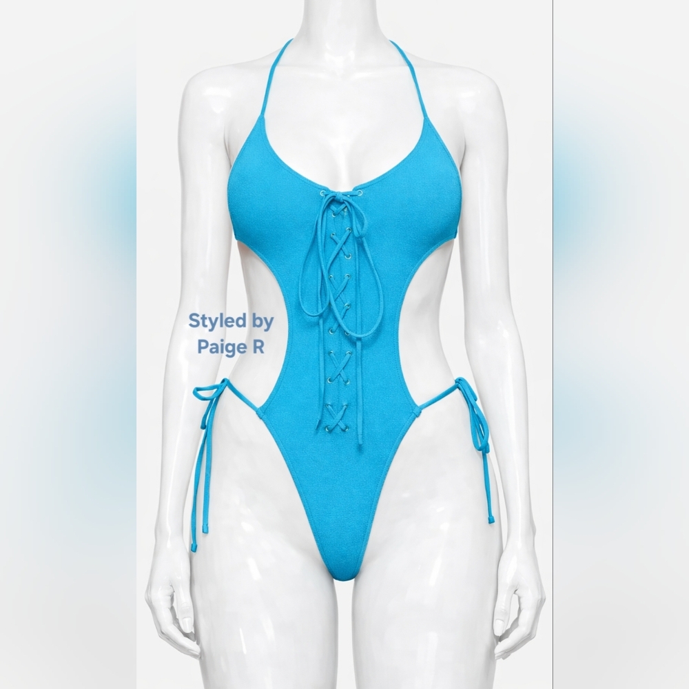 Blue Lace-Up Cutout One-Piece Swimsuit -
